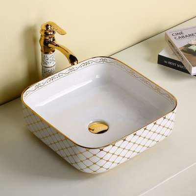 bathroom ceramic oval shape golden painting above counter sink gold color art basin